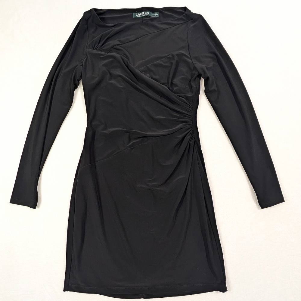 Lauren Ralph‎ Lauren Black Long Sleeve Jersey Bodycon Dress Sheer Panel Size 4